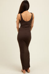 Brown Scoop Neck Sleeveless Rayon Rib Maxi Knit Dress