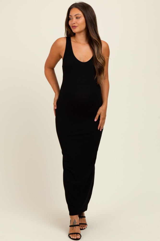 Black Scoop Neck Sleeveless Rayon Rib Maternity Maxi Knit Dress