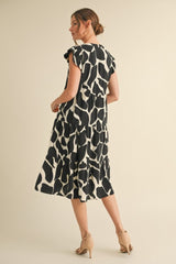 Black Print Tiered Layer Midi Dress