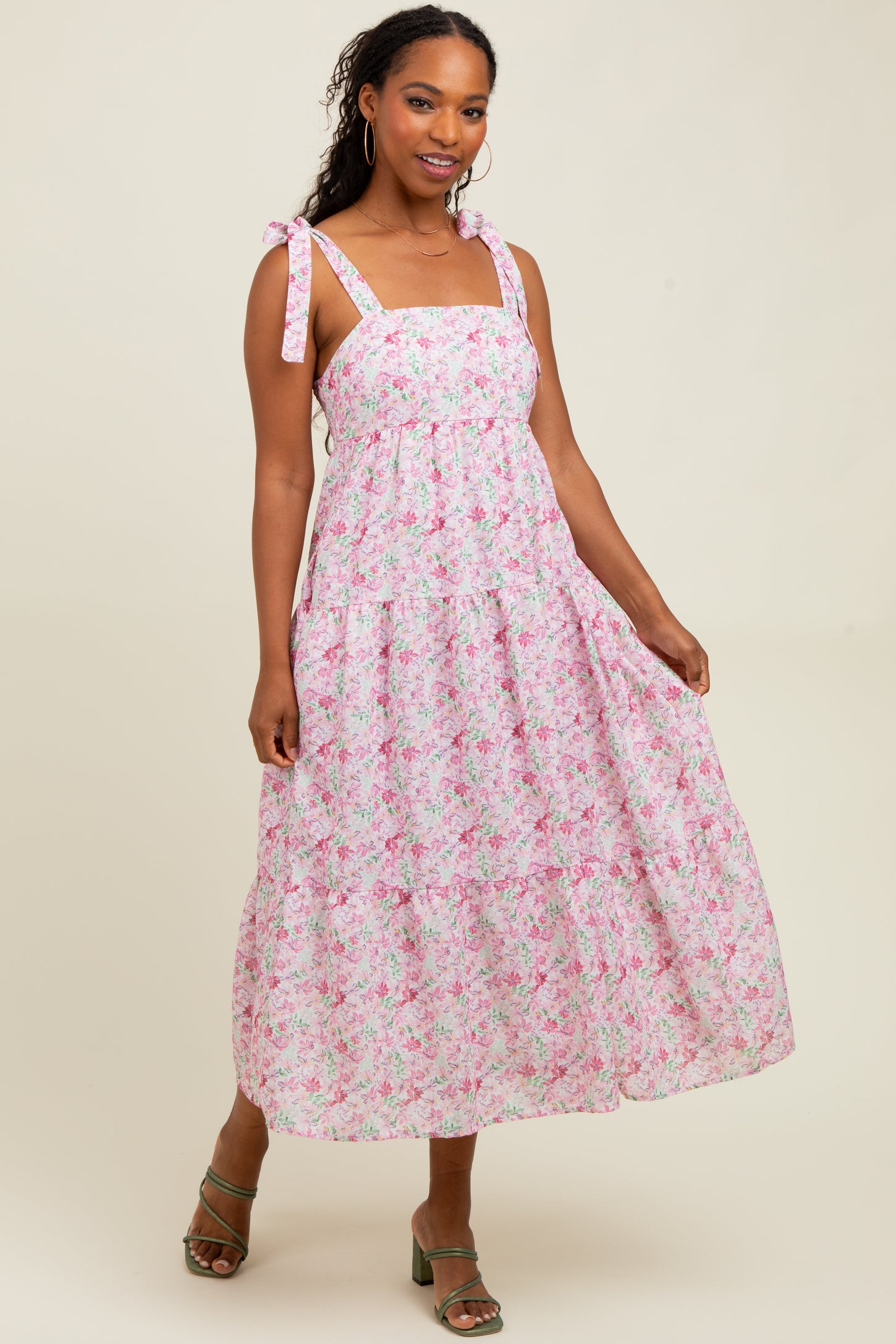 Light Pink Floral Shoulder Tie Midi Dress