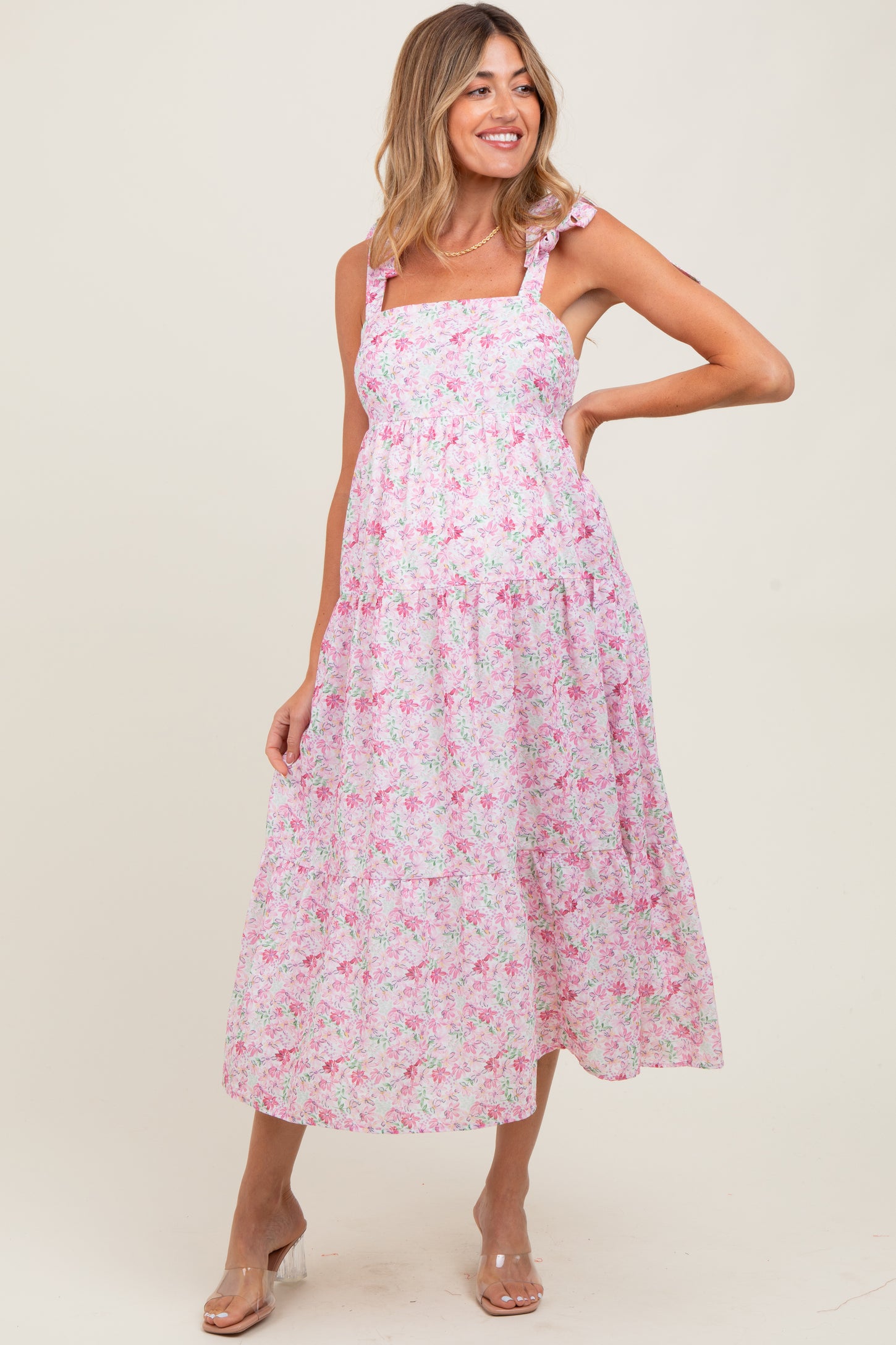 Light Pink Floral Shoulder Tie Maternity Midi Dress