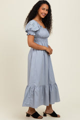 Dusty Blue Eyelet Embroidered Sleeve Cotton Midi Dress