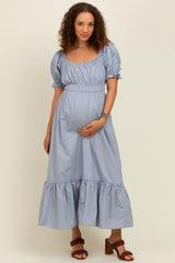 Dusty Blue Eyelet Embroidered Sleeve Cotton Maternity Midi Dress