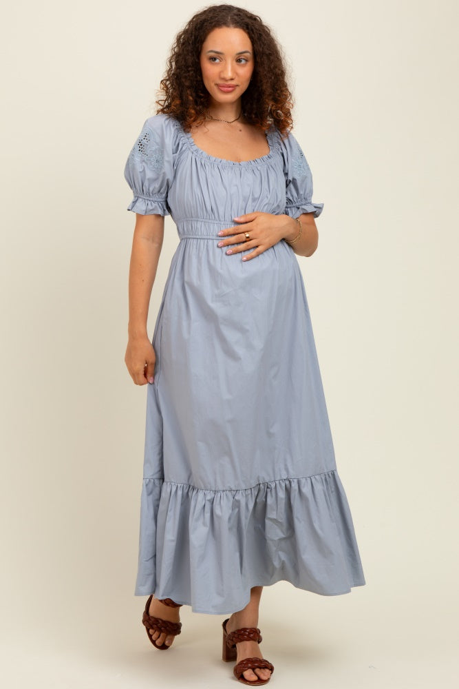 Dusty Blue Eyelet Embroidered Sleeve Cotton Maternity Midi Dress