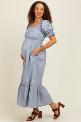 Dusty Blue Eyelet Embroidered Sleeve Cotton Maternity Midi Dress