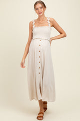 Oatmeal Smocked Button Front Linen Blend Maternity Midi Dress