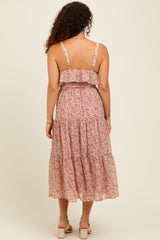 Pink Floral Ruffle Smocked Back Tiered Maternity Midi Dress