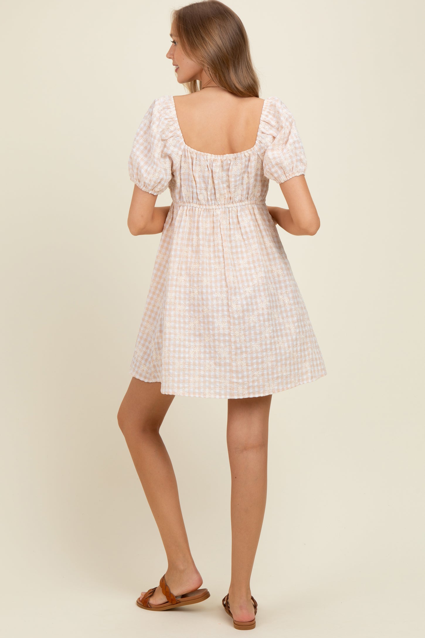 Beige Embroidered Gingham Sweetheart Neck Maternity Mini Dress