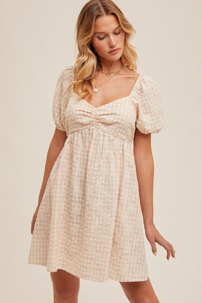 Beige Embroidered Gingham Sweetheart Neck Mini Dress