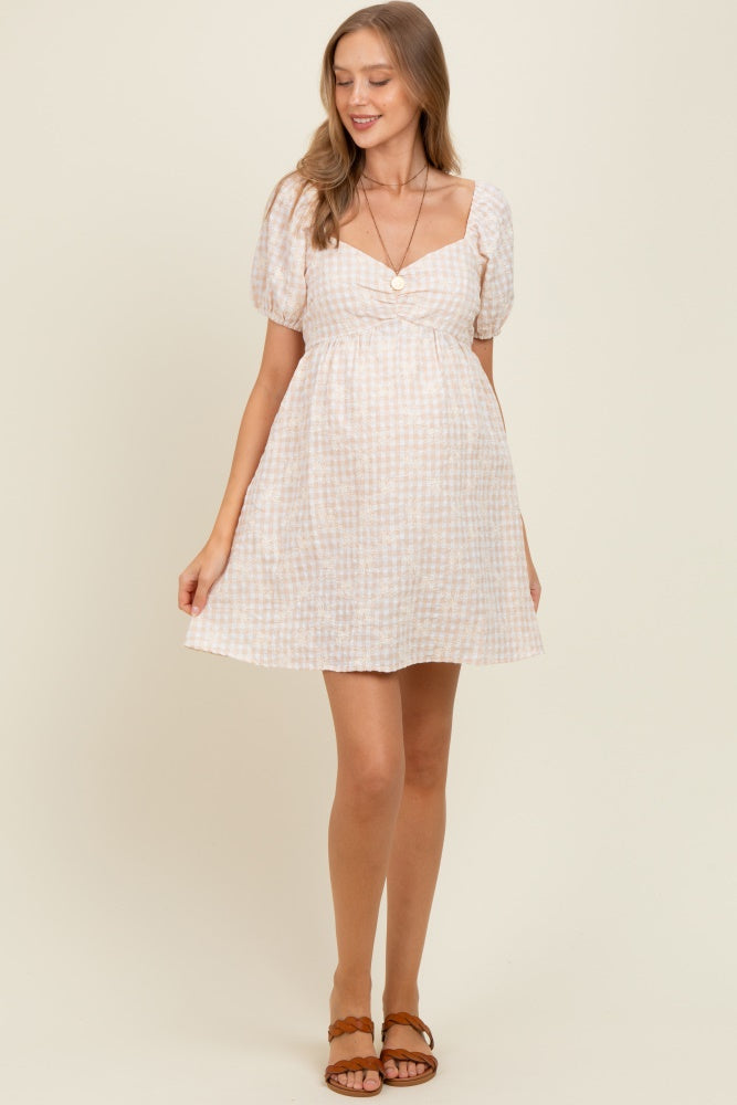 Beige Embroidered Gingham Sweetheart Neck Maternity Mini Dress