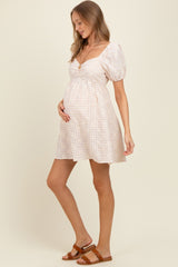 Beige Embroidered Gingham Sweetheart Neck Maternity Mini Dress