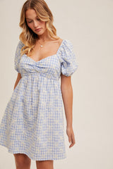Light Blue Embroidered Gingham Sweetheart Neck Mini Dress
