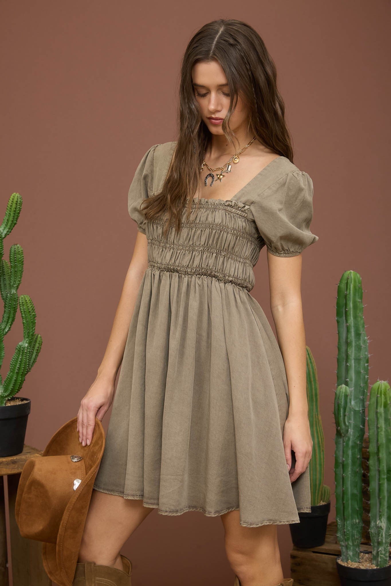 Olive Smocked Puff Sleeve Mini Dress