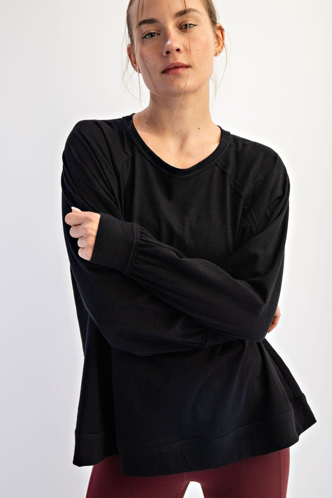 Black Oversized Cotton Slub Long Sleeve Top