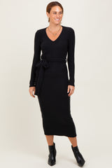 Black Solid Brushed Rib Long Sleeve V-Neck Fitted Midi Dress
