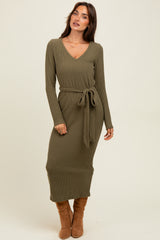 Light Olive Solid Brushed Rib Long Sleeve V-Neck Fitted Maternity Midi Dress