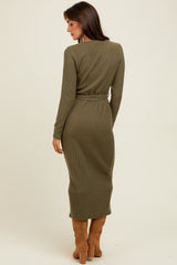Light Olive Solid Brushed Rib Ling Sleeve V-Neck Fitted Midi Dress