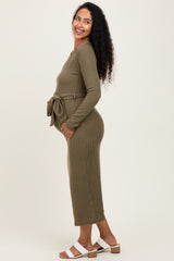 Light Olive Solid Brushed Rib Long Sleeve V-Neck Fitted Maternity Midi Dress
