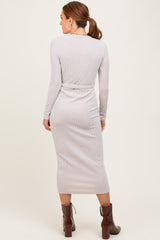 Beige Solid Brushed Rib  Long Sleeve V-Neck Fitted Midi Dress