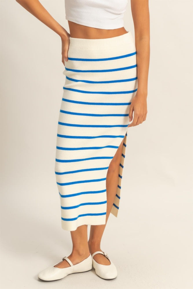 Blue/Cream Striped Fitted Sweater Maxi Skirt