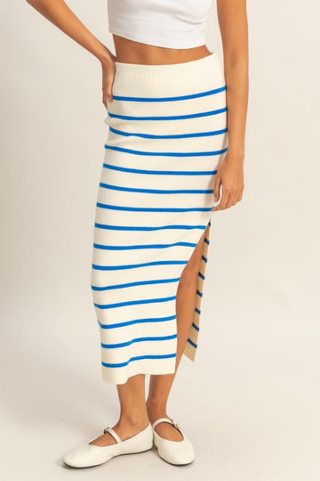 Blue/Cream Striped Fitted Sweater Maxi Skirt