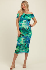 Green Printed Off Shoulder Ruched Maternity Midi Dress