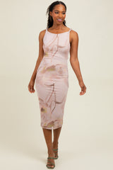 Light Pink Floral Mesh Overlay Twisted Strap Midi Dress