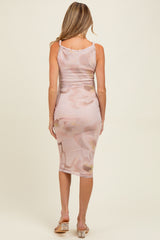 Light Pink Floral Mesh Overlay Twisted Strap Maternity Midi Dress