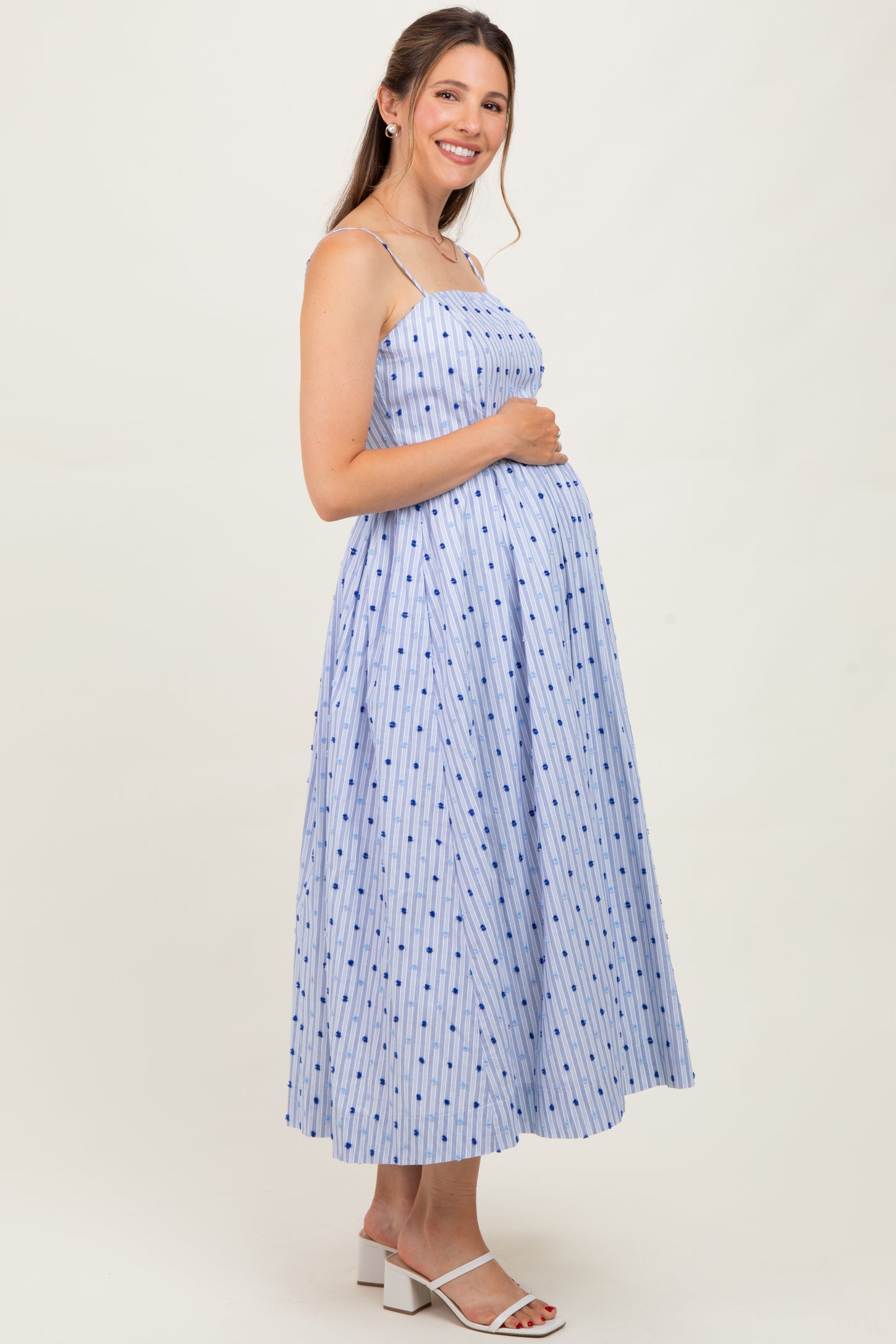Blue Striped Swiss Dot Sleeveless Maternity Midi Dress