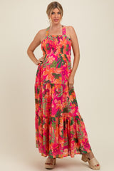 Fuchsia Tropical Print Smocked Crisscross Open Back Maternity Maxi Dress