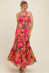 Fuchsia Tropical Print Smocked Crisscross Open Back Maternity Maxi Dress