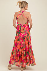 Fuchsia Tropical Print Smocked Crisscross Open Back Maternity Maxi Dress