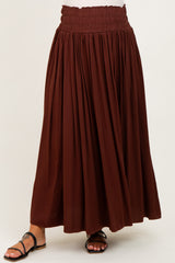 Brown Smocked Waistband Pleated Maternity Maxi Skirt