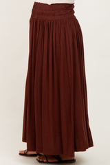 Brown Smocked Waistband Pleated Maternity Maxi Skirt