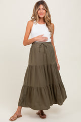 Olive Drawstring Tiered Maternity Maxi Skirt