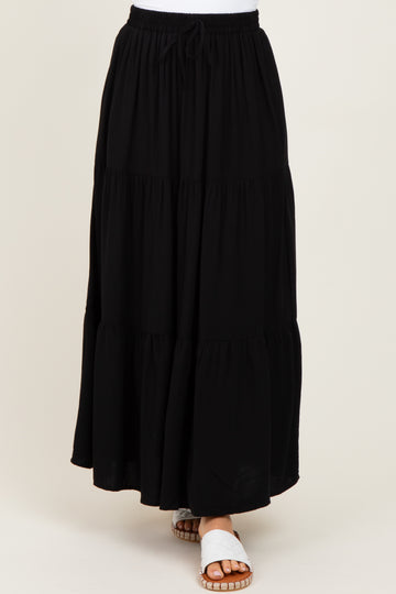 Black Drawstring Tiered Maxi Skirt