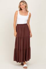 Brown Drawstring Tiered Maxi Skirt