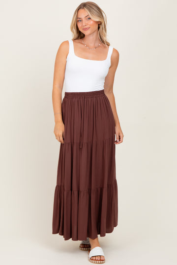 Brown Drawstring Tiered Maxi Skirt