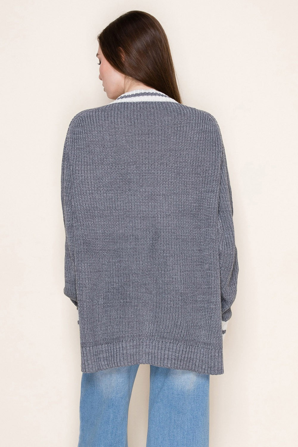 Grey Oversized Contrast Stripe Button Cardigan