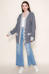 Grey Oversized Contrast Stripe Button Cardigan