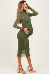 Olive Green Mesh Overlay Fitted Maternity Midi Dress