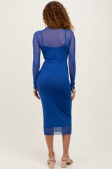Royal Blue Mesh Overlay Fitted Midi Dress