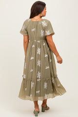 Light Olive Floral Print Ruffle Hem Maternity Midi Dress