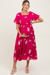 Magenta Floral Print Ruffle Hem Maternity Midi Dress
