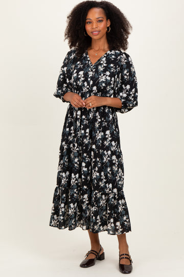 Black Floral Button Front V-Neck Midi Dress