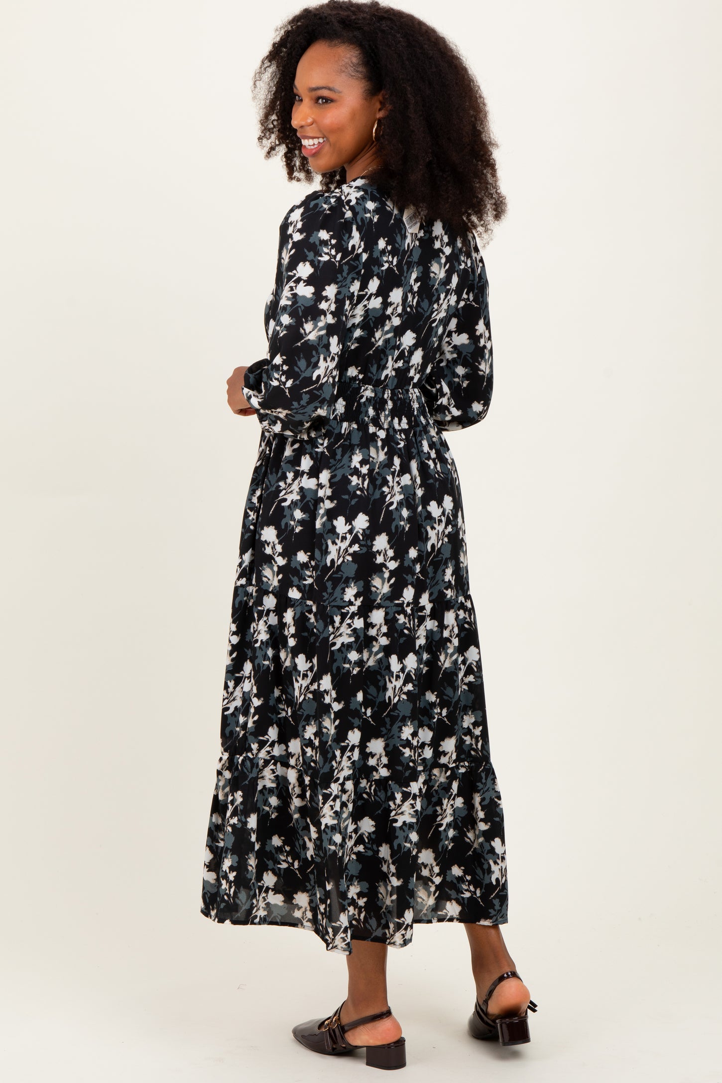 Black Floral Button Front V-Neck Midi Dress