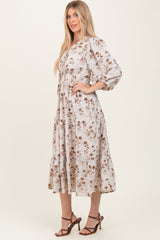 Cream Floral Button Front V-Neck Midi Dress