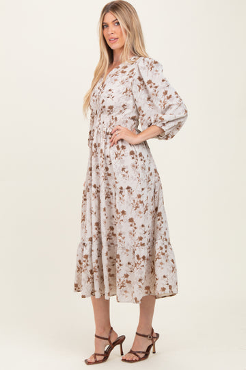 Cream Floral Button Front V-Neck Midi Dress