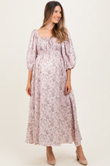 Light Pink Floral Puff Sleeve Smocked Waist Maternity Midi Dress