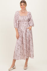 Light Pink Floral Puff Sleeve Smocked Waist Midi Dress